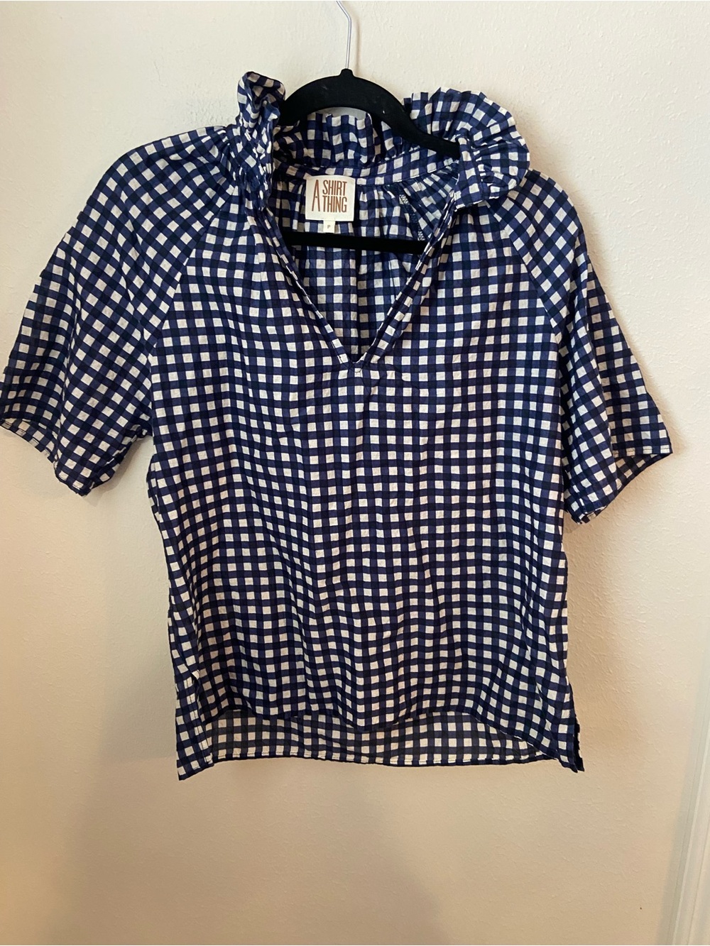 A Shirt Thing Margot Blouse Navy Gingham Ruffle Neck Size XS